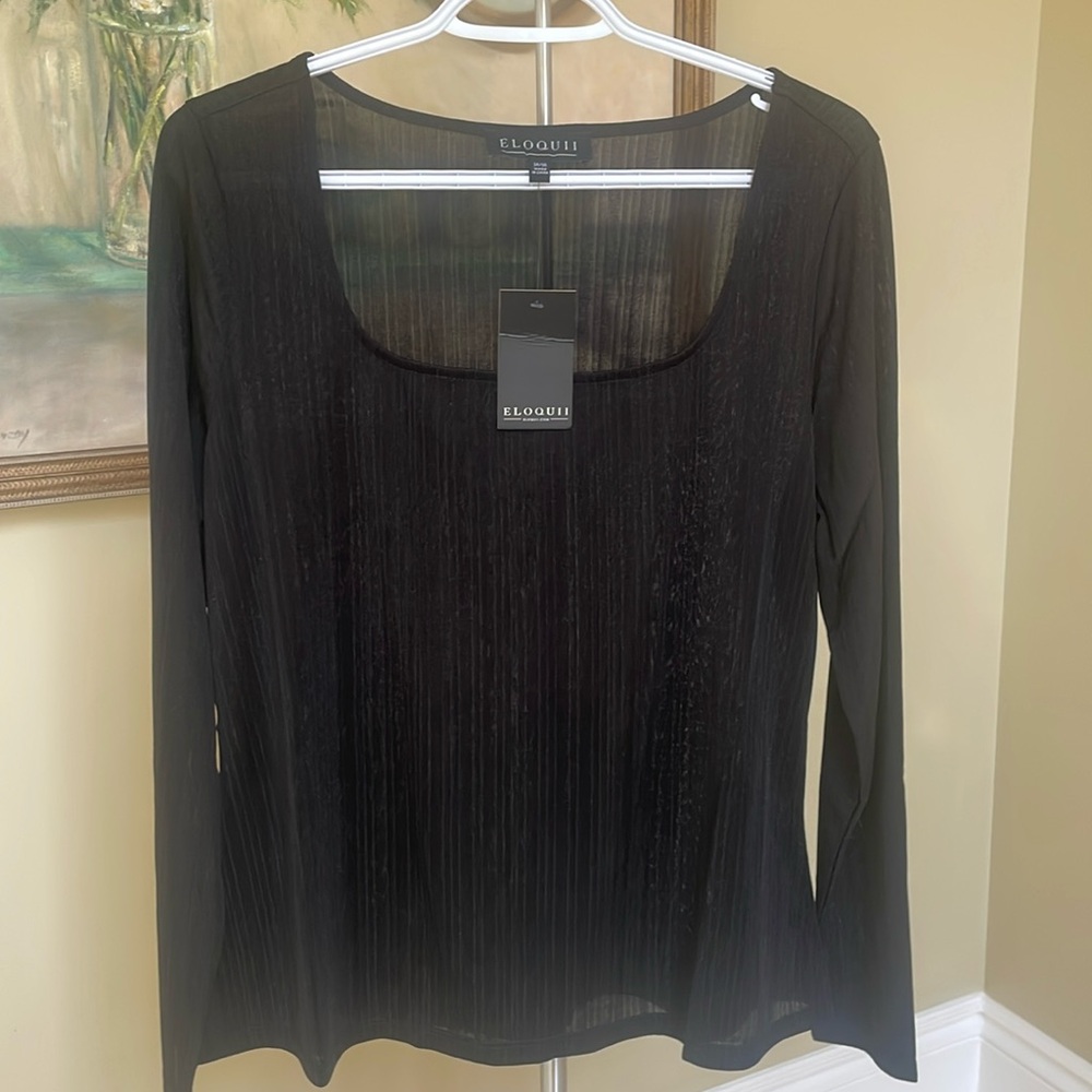 NWT Eloquii sz 14/16 black sheer flirty square neck long sleeve top stripe